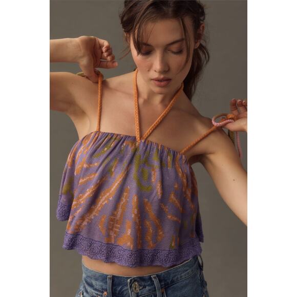 Anthropologie NWT Purple Flounce Knit Tassel Tie Strap Cropped Tank Top Sz Large - Picture 12 of 12